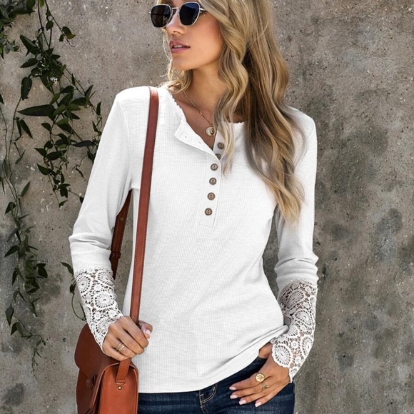 Button up lace long sleeve ribbed top black - Picture 2 of 12